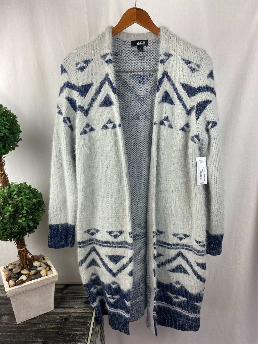 ANA Gray & Blue Print Fuzzy Fluffy Comfy Long Sleeve Open Front Cardigan M NEW